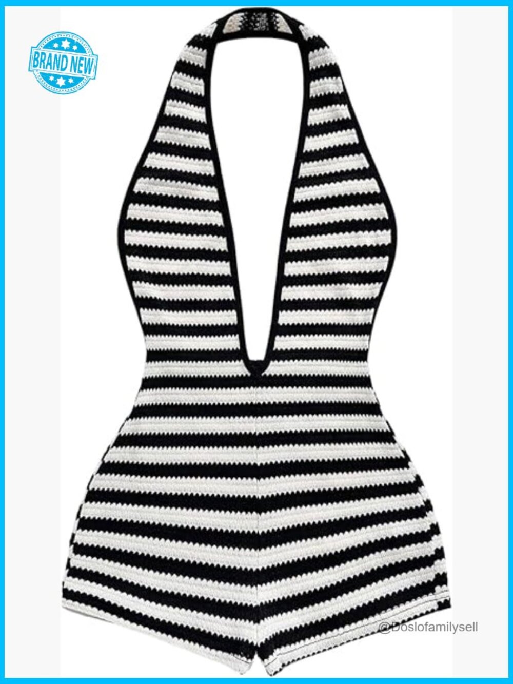 Striped Backless Halter Jumpsuit Deep V Neck Sleeveless Romper Y2K Chic